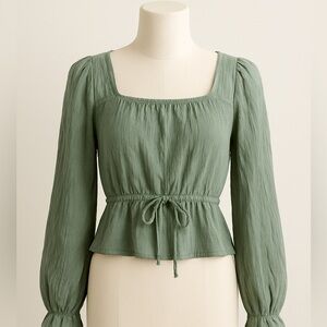 Celebrity Pink Green XXL Peplum Long Sleeve Tie Front Elastic Waist Blouse Top